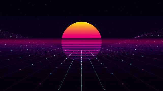 Retro Synthwave Sunset Animation With Glowing Neon Grid Landscape and Dark Starry Space Background