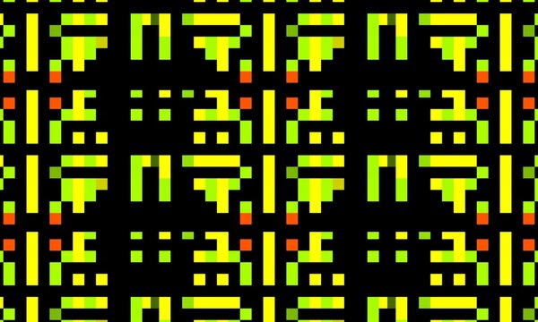 Seamless pixel art digital code pattern with repeating yellow, lime green, and orange blocky glyphs over a solid black background.