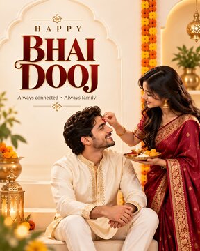 Indian woman applying tilak on brother forehead celebrating bhai dooj festival with festival