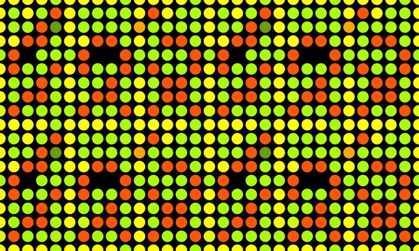 Seamless dot matrix pattern featuring structured geometric clusters of lime green, yellow, and orange circular dots on black.