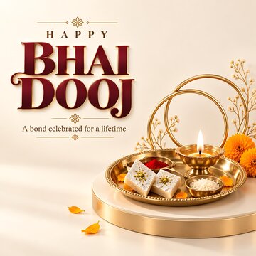 Festive bhai dooj celebration greeting with traditional sweets and glowing oil lamp on a golden plate