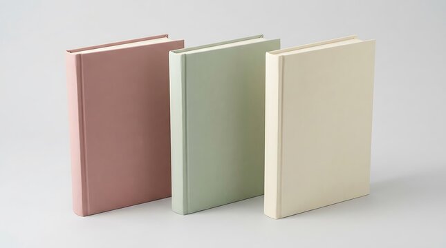 Three blank hardcover books in pastel colors standing upright. vertical postcard mockup