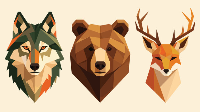 Low Poly Geometric Wildlife Animal Heads Set Wolf Bear Deer
