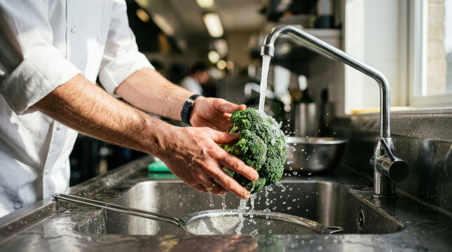 Chef washing fresh green broccoli under running water in kitchen