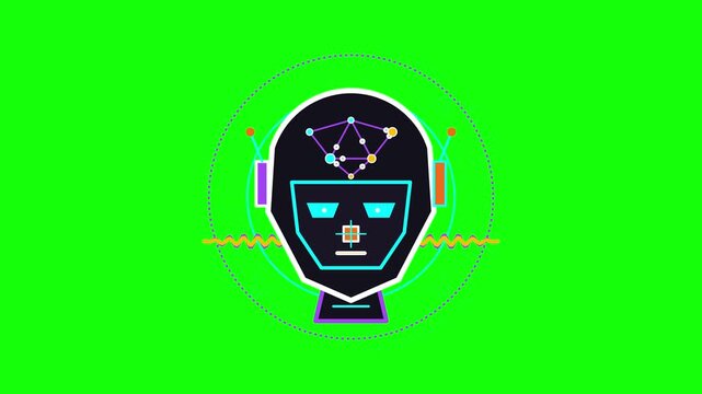 Futuristic AI robot head animation with glowing neural network brain on green screen background