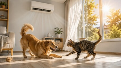 Plakat Dog and cat staying cool indoors during summer heatwave