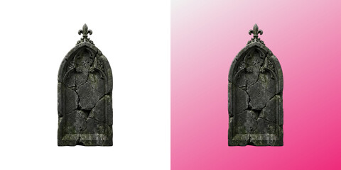 Gothic stone gravestone with weathered cracks and decorative fleur de lis © Design Helbox