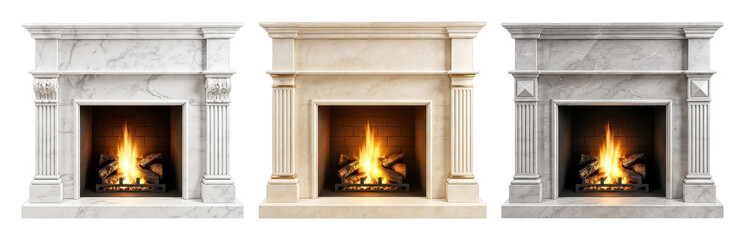 Fototapeta premium PNG Three classical marble fireplaces with glowing fires, isolated