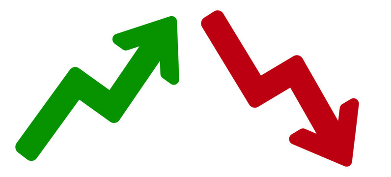 up and down trend arrow icon set, green rising arrow and red falling arrow symbols representing growth decline profit loss and market trends, vector illustration isolated on white background