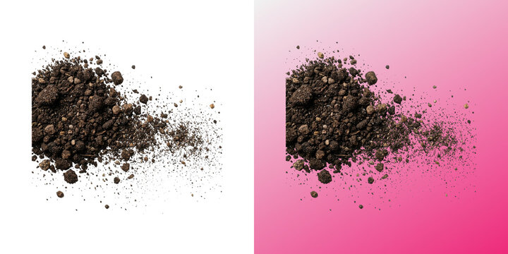 Rich dark soil pile with loose dirt and scattered particles