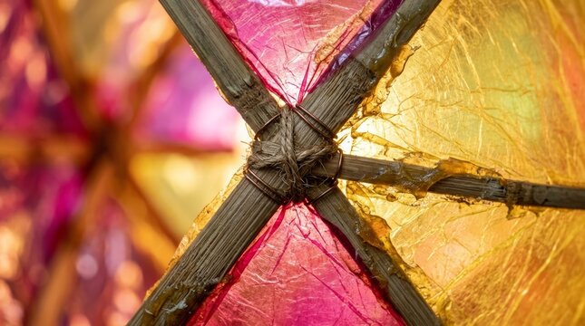 Crossed bamboo spars tied with copper wire on glowing colored lantern paper