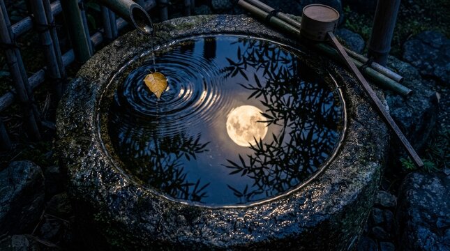 Moon reflected in stone water basin with dripping bamboo and wooden ladle