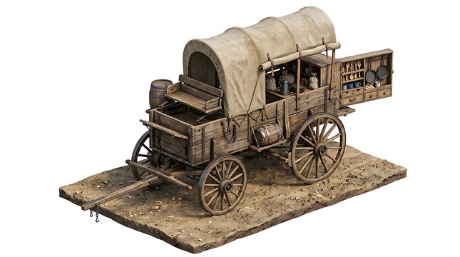 Detailed Old Western Wooden Covered Wagon Isolated on a White Background