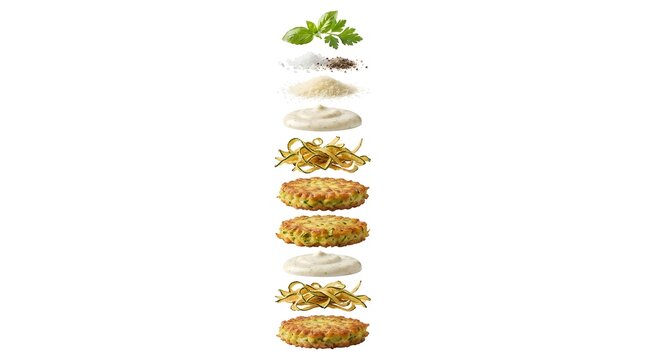 Floating layers of zucchini fritters with fresh herbs, parmesan, and creamy sauce, isolated on white background for culinary food photography