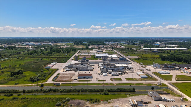 Industrial park aerial view showing manufacturing plant and warehouses