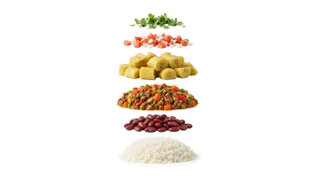 Exploded View of Traditional Ugandan Matoke Dish with Rice, Beans, Minced Meat, Plantains, and Fresh Vegetables Isolated on White Background