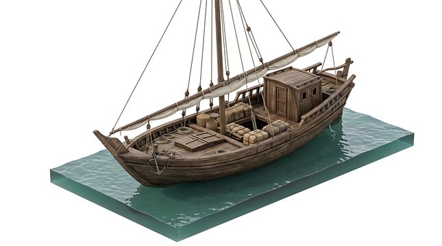 Small Wooden Traditional Cargo Dhow Sailing Boat Model Isolated On White Background