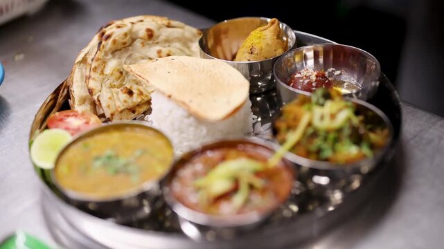 Traditional Indian Thali Platter with Curry, Rice, and Naan Bread