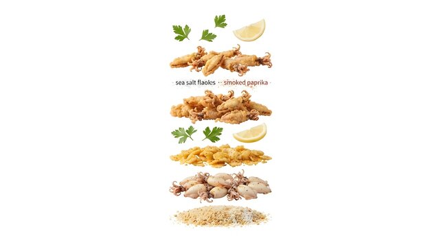 Exploded View of Spanish Fried Baby Squid Chipirones with Lemon, Parsley, Sea Salt and Smoked Paprika Ingredients Isolated on White Background
