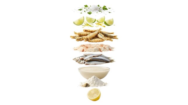 Exploded View of Spanish Boquerones Fritos Ingredients with Fresh Anchovies, Flour, Lemon, and Seasoning Isolated on a White Background