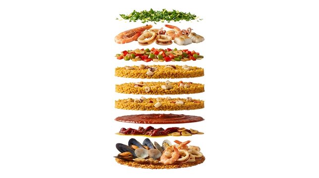Exploded View of Spanish Arroz a Banda Ingredients Layers, Traditional Seafood Rice Dish Components Isolated on White Background for Culinary Art