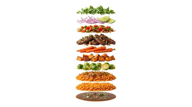 Exploded View of Senegalese Thiebou Yapp Ingredients Isolated on White, Featuring Marinated Meat, Rice, Vegetables, and Savory Sauce Layers
