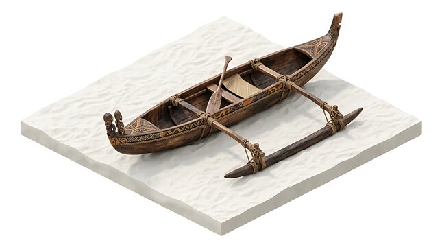 Traditional Polynesian Outrigger Canoe Wood Boat Isolated on White Background