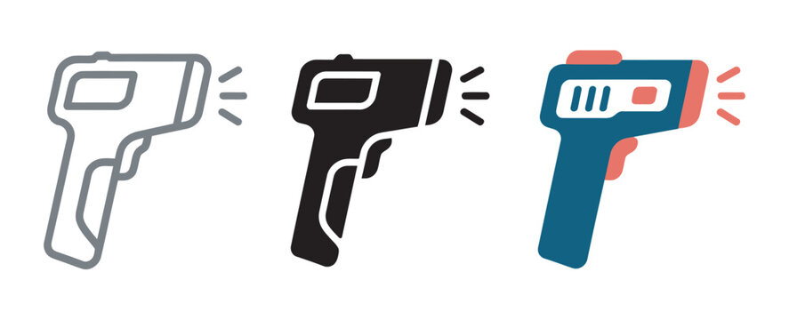 Minimal barcode scanners set in outline, solid and flat style against white background, retail checkout, product scanning, inventory management and shopping technology.