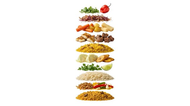 Exploded View of Senegalese Thiebou Yapp Ingredients Isolated on White Background, Traditional West African Rice and Meat Dish Culinary Concept