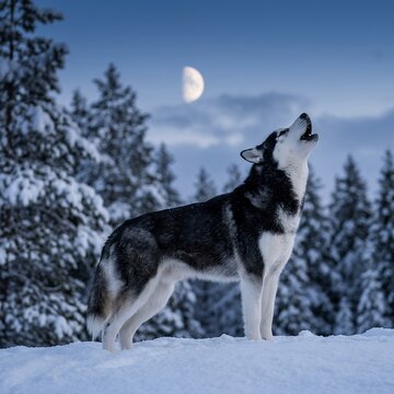 Husky howling at the moon in a snowy forest at night.