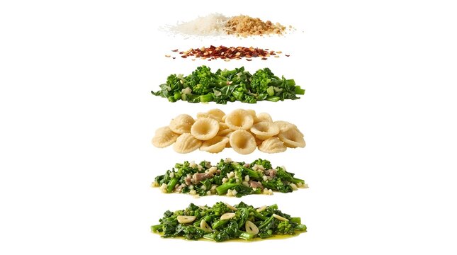 Exploded View of Orecchiette Pasta with Cime di Rapa, Garlic, Chili Flakes, and Breadcrumbs Isolated on White Background for Culinary Concept