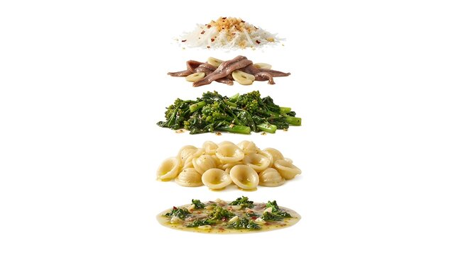 Deconstructed Orecchiette Pasta with Cime di Rapa, Anchovies, and Breadcrumbs, Isolated on White Background, Culinary Ingredient Layers