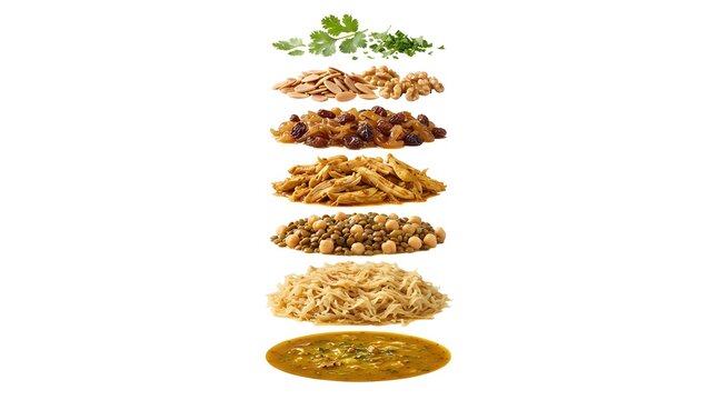 Vertical assembly of Moroccan Rfissa ingredients isolated on white background, featuring shredded chicken, lentils, chickpeas, nuts and spices.