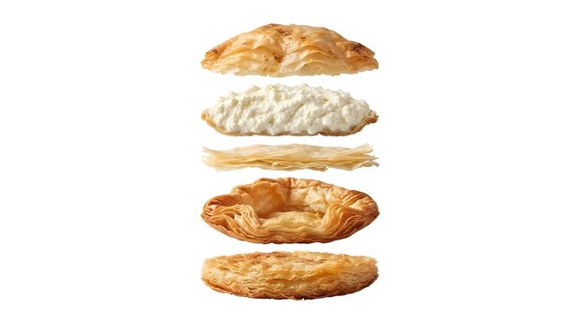 Exploded view of Maltese pastizzi pastry with ricotta cheese filling, crispy phyllo dough layers isolated on white background for food menu design