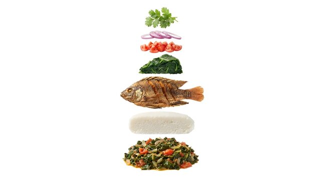 Exploded View of Traditional Kenyan Ugali and Fried Fish Dish with Fresh Vegetables Isolated on White Background for Culinary Food Photography