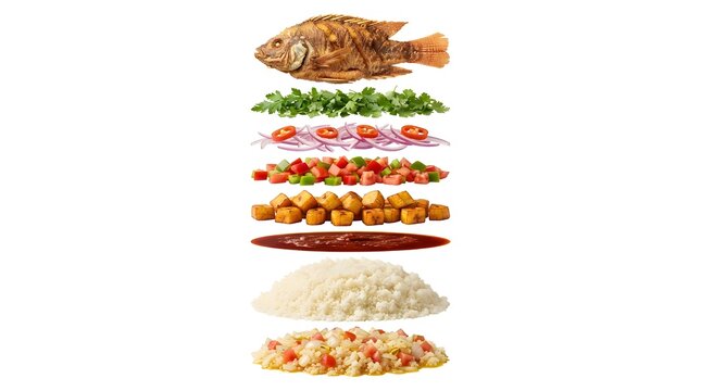 Floating Layers of Ivorian Attieke with Fried Fish, Plantains, and Fresh Vegetables Isolated on White Background for Culinary Food Photography