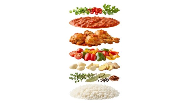 Exploded view of Ivorian Kedjenou ingredients with chicken, tomato sauce, vegetables, rice, and spices isolated on a white background for menu