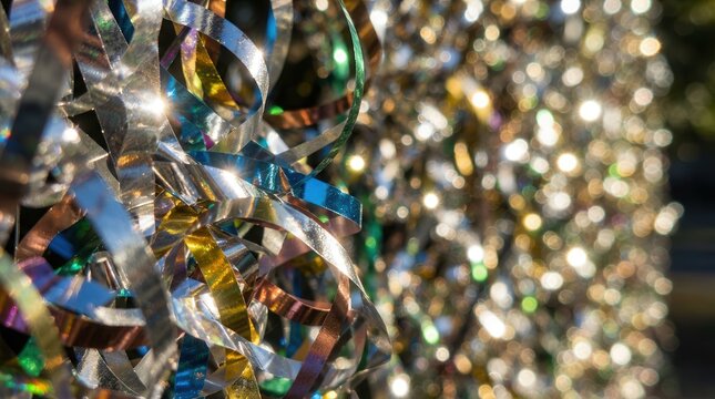Shimmering Metallic Ribbons with Radiant Bokeh Effects