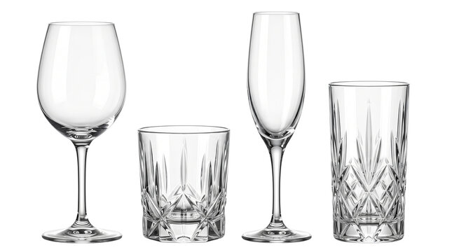 Elegant crystal glassware set, collection of wine glass and champagne flute, luxury cut glass tumblers for barware and table setting isolated PNG with Transparent Background