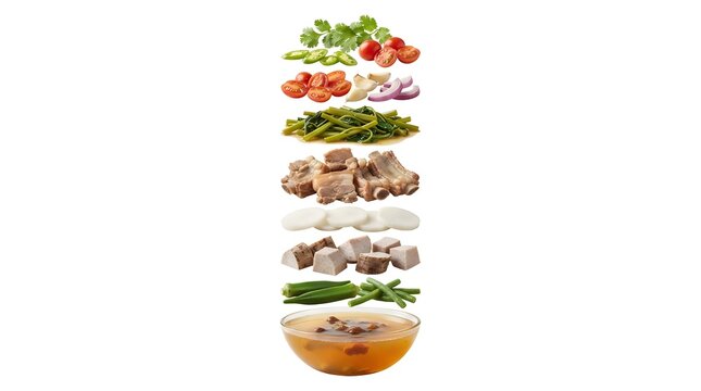 Floating Ingredients of Filipino Sinigang na Baboy Pork Soup with Vegetables and Tamarind Broth Isolated on White Background for Culinary Design