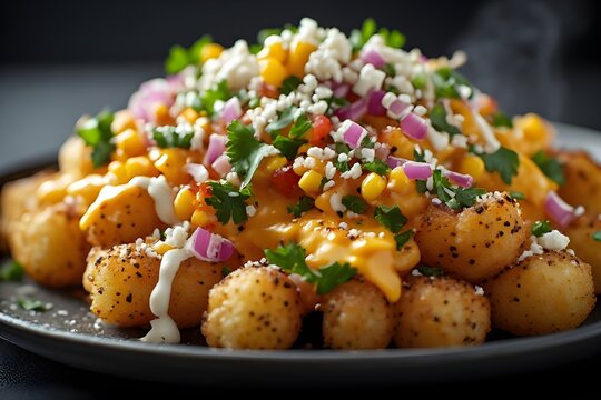 loaded mexican street corn tater tot nachos (elote totchos) on a plate