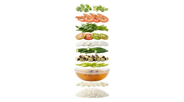 Floating Ingredients of Filipino Sinigang na Hipon Shrimp Tamarind Soup Assembly Isolated on White Background for Culinary Recipe Concept
