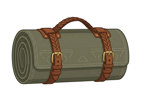 Rolled canvas bedroll with leather straps ready for backpacking and camping trips