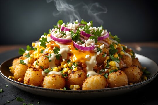 loaded mexican street corn tater tot nachos (elote totchos) on a plate