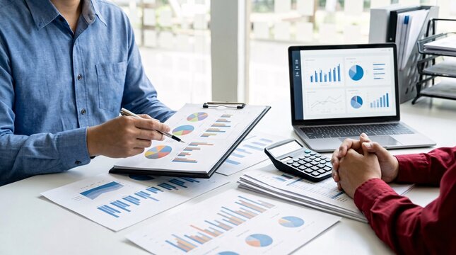 Financial analyst pointing at pie chart explaining investment strategies to a client.