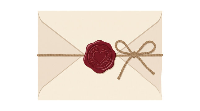 Vintage cream envelope with red wax seal and twine bow, elegant wedding invitation stationery, romantic letter with heart stamp and rustic string isolated PNG with Transparent Background
