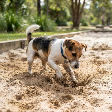 Small dog digging in sand at outdoor park.