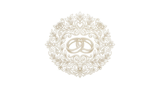 Elegant wedding rings emblem, ornate floral circular frame with interlocking gold bands, luxury marriage crest for invitation design isolated PNG with Transparent Background