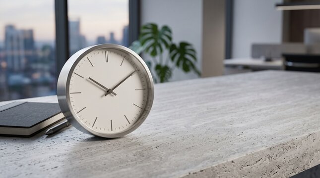 Minimalist analog clock sitting on a stone desk in a modern office with city view