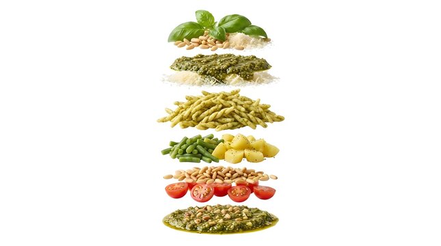Exploded View of Traditional Italian Trofie Pasta with Pesto Genovese, Green Beans, Potatoes, Pine Nuts, and Cherry Tomatoes on White Background